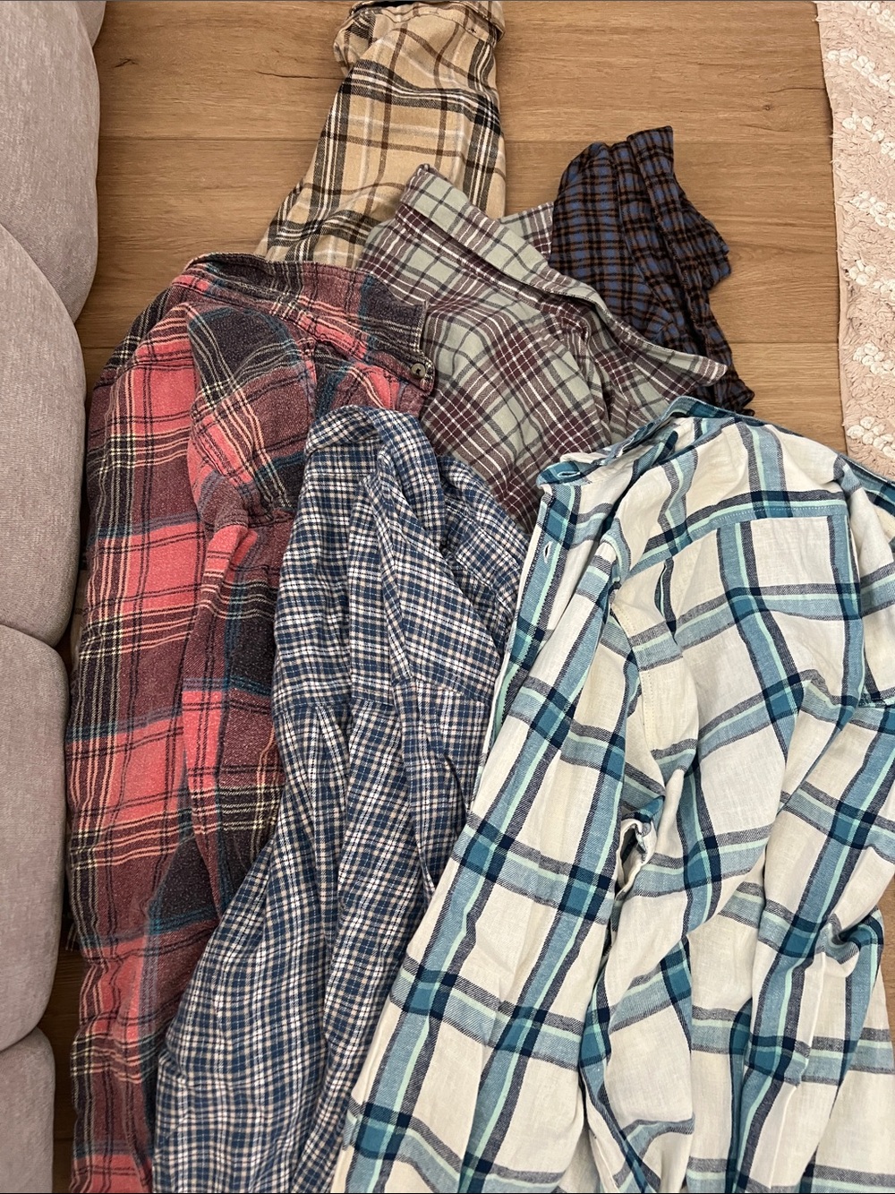 Women’s Plaid Button-Down Flannels- Teal & Cream bundle of 6 - Picture 2 of 3